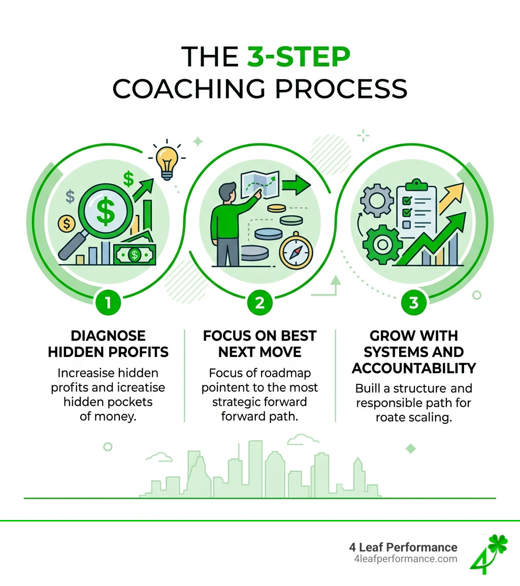 3-step coaching process: Diagnose hidden profits, Focus on best next move, Grow with systems and accountability - executive