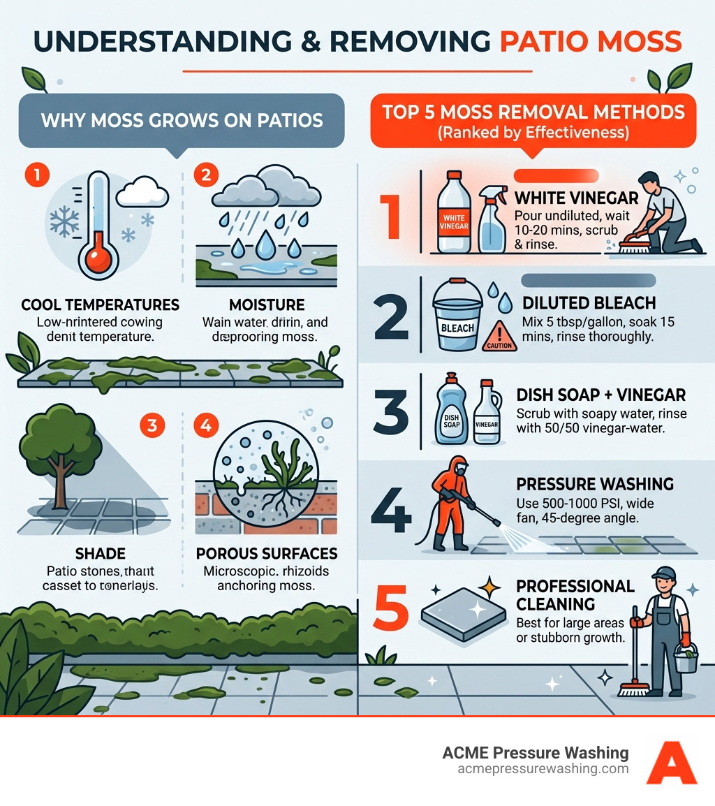 Infographic showing why moss grows on patios and the top 5 removal methods ranked by effectiveness - clean moss from patio Infographic showing why moss grows on patios and the top 5 removal methods ranked by effectiveness - clean moss from patio