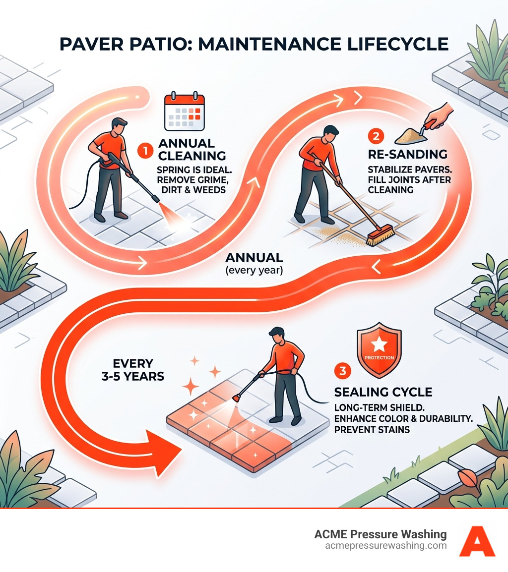 Paver cleaning and maintenance lifecycle infographic showing annual cleaning, re-sanding, and 3-5 year sealing cycle - paver