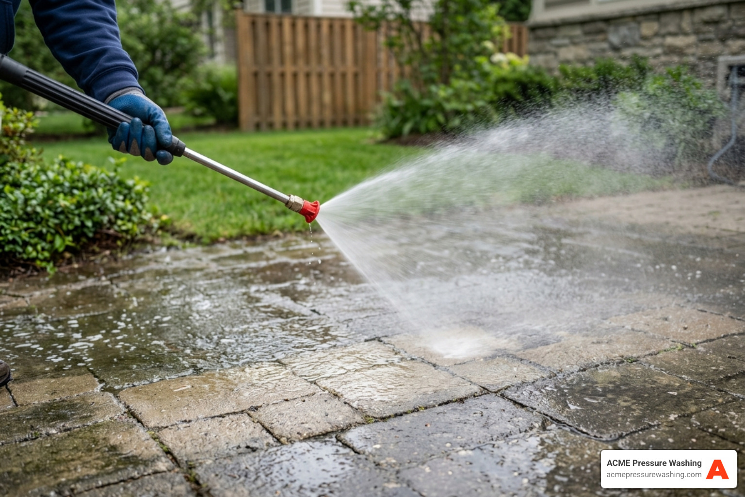 Pressure washer nozzle showing a wide fan spray pattern for safe paver cleaning - paver power washing