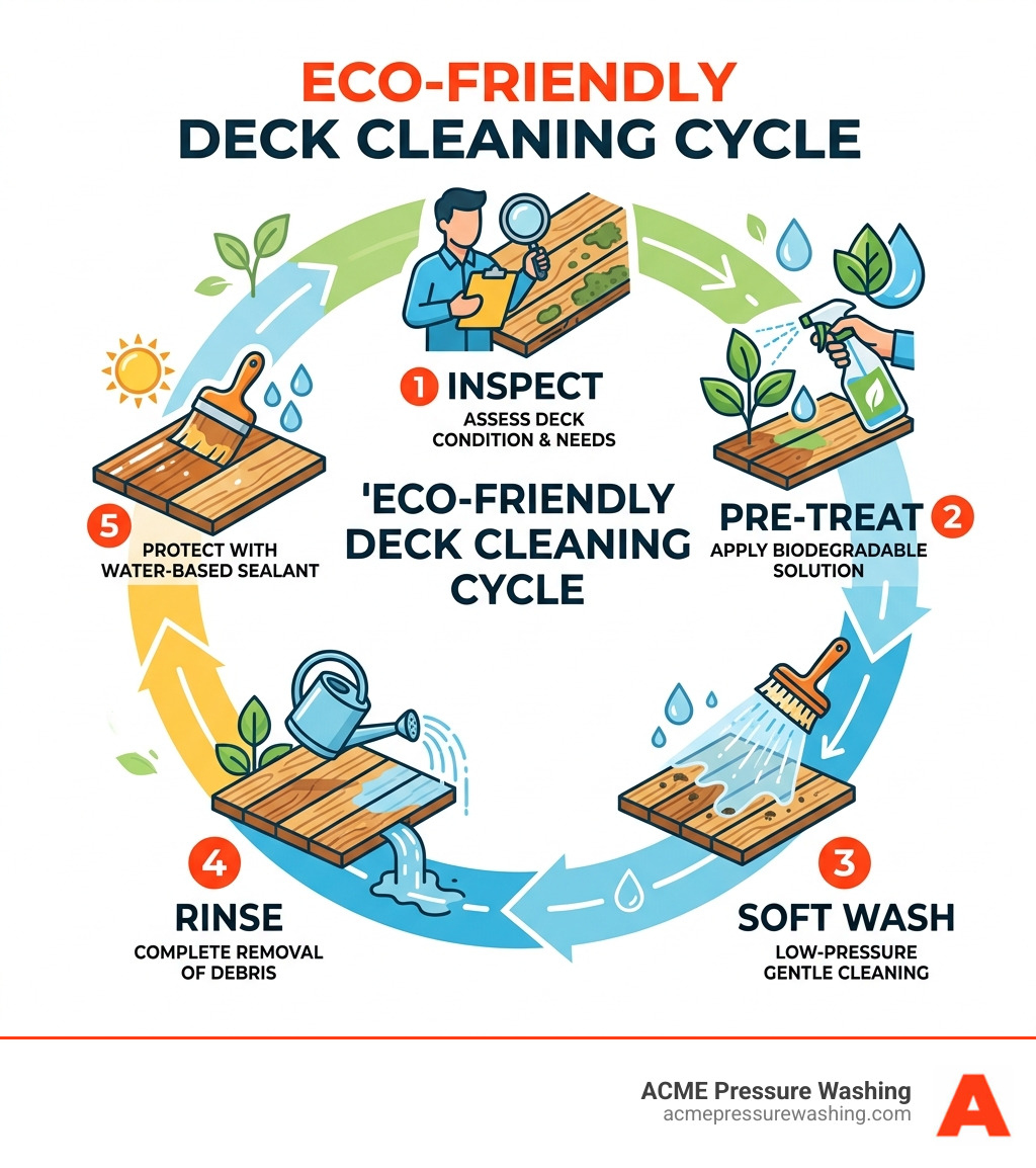 Eco-friendly deck cleaning cycle infographic: inspect, pre-treat, soft wash, rinse, seal - eco-friendly deck washing service