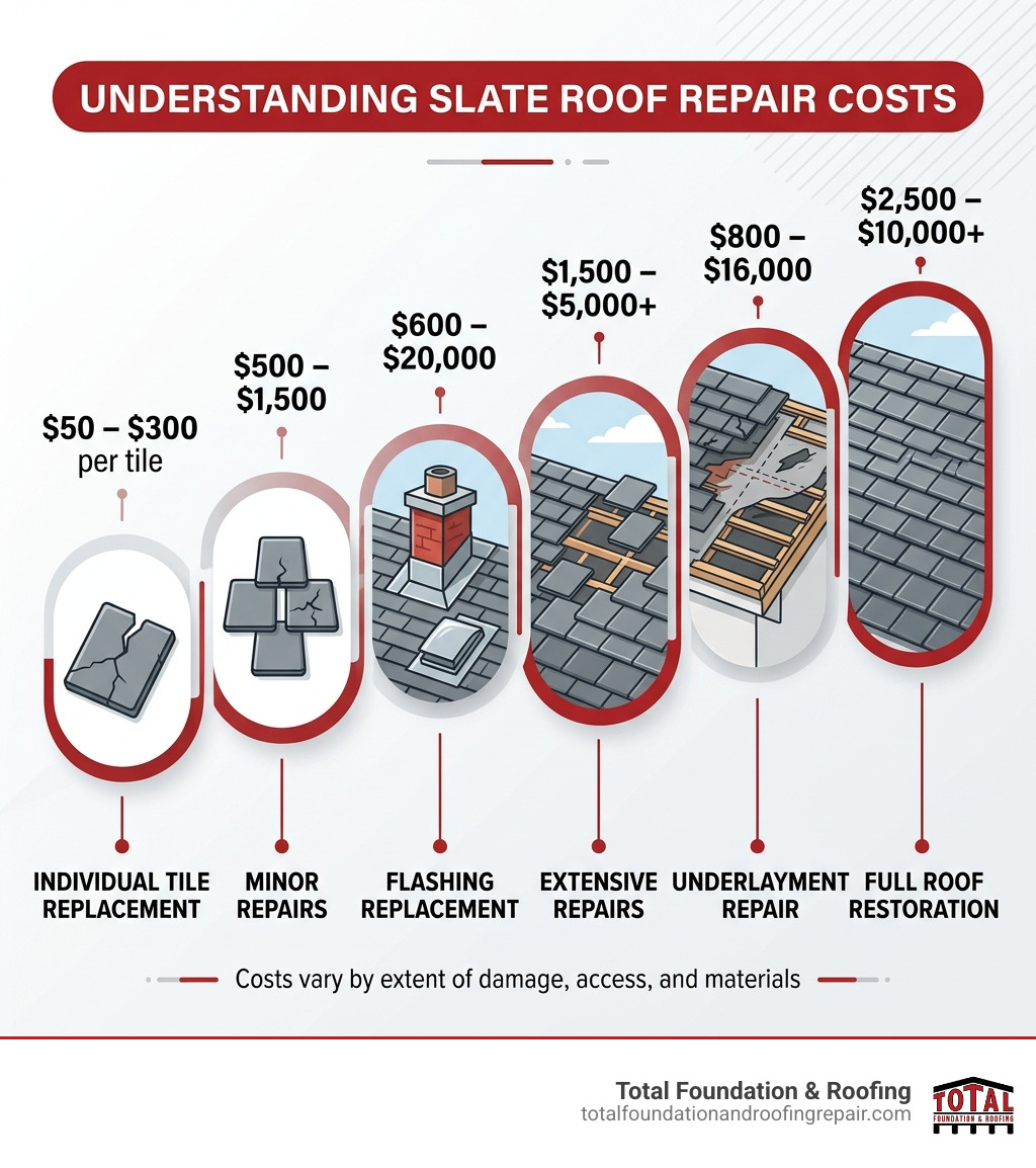 Infographic showing slate roof repair cost breakdown by repair type, from individual tile replacement to full restoration