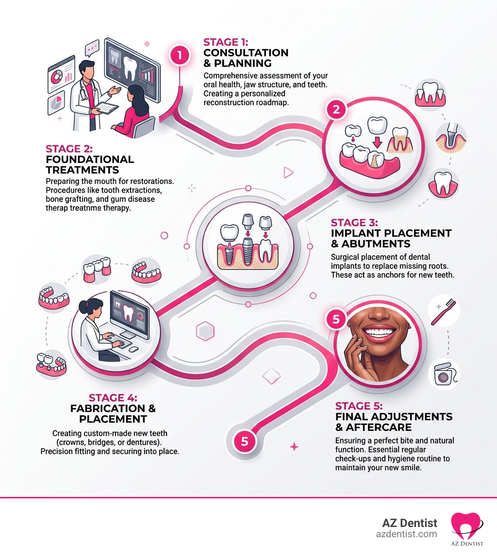 5 stages of the full mouth reconstruction journey infographic - Full mouth reconstruction infographic 