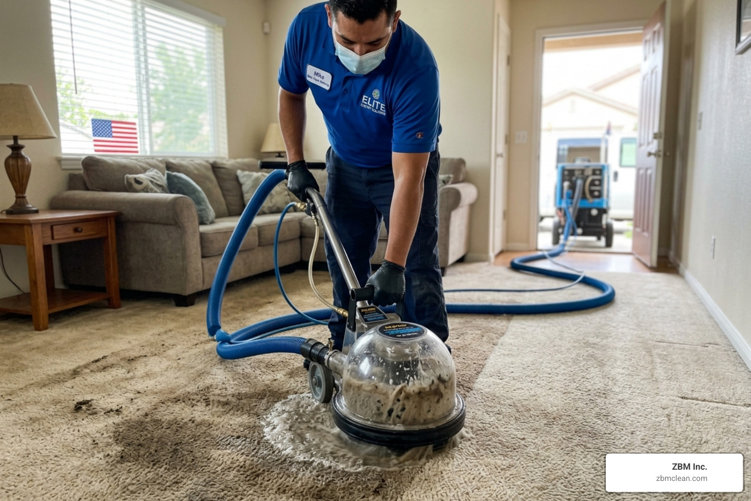 technician using a professional rotary extraction tool on a dirty carpet - deep clean carpet service