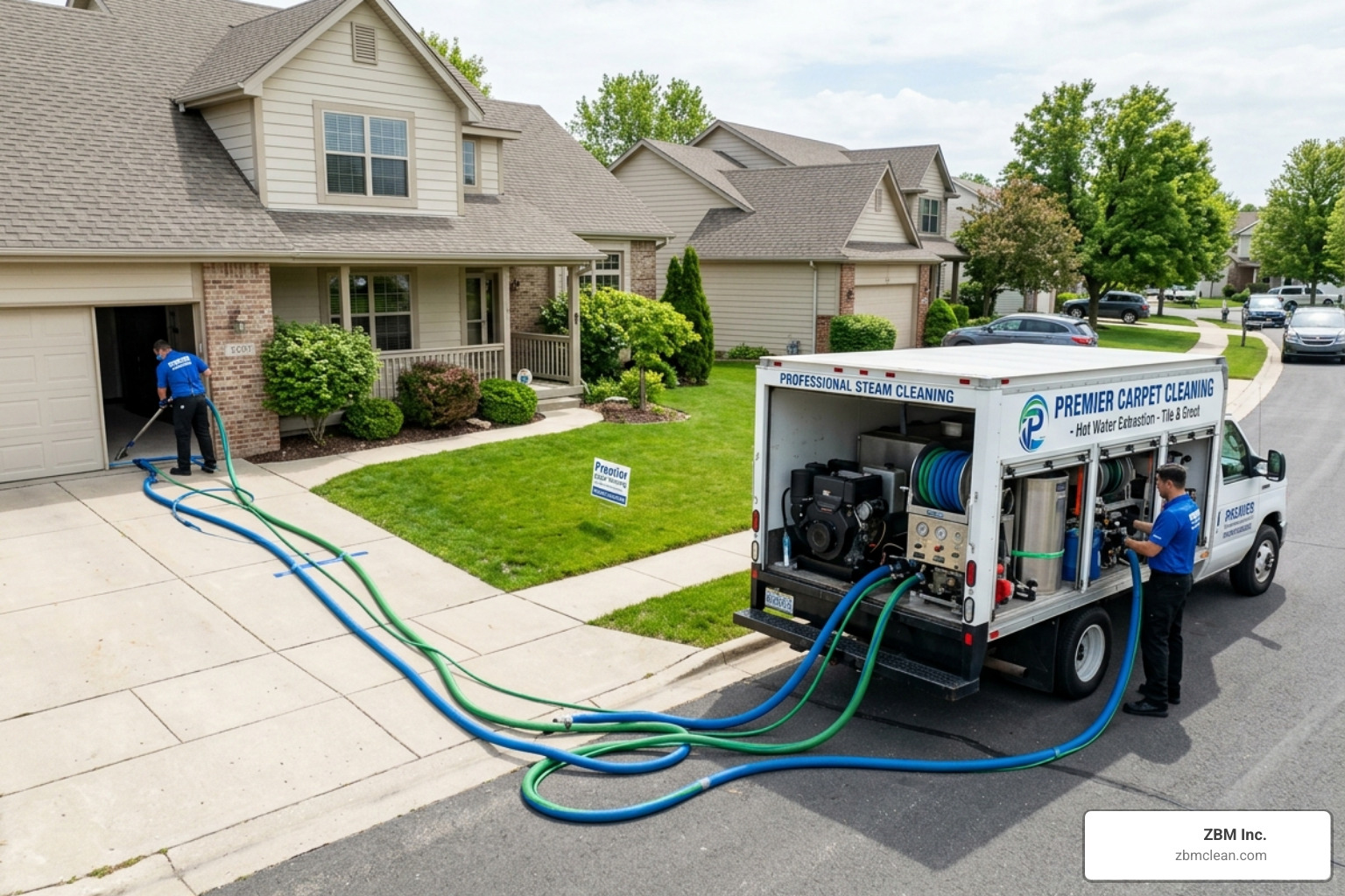 high powered truck mounted carpet cleaning system with hoses leading into a home - deep clean carpet service