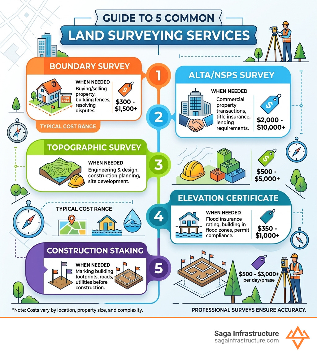 Infographic showing 5 common land surveying service types, when each is needed, and typical cost range - land surveying