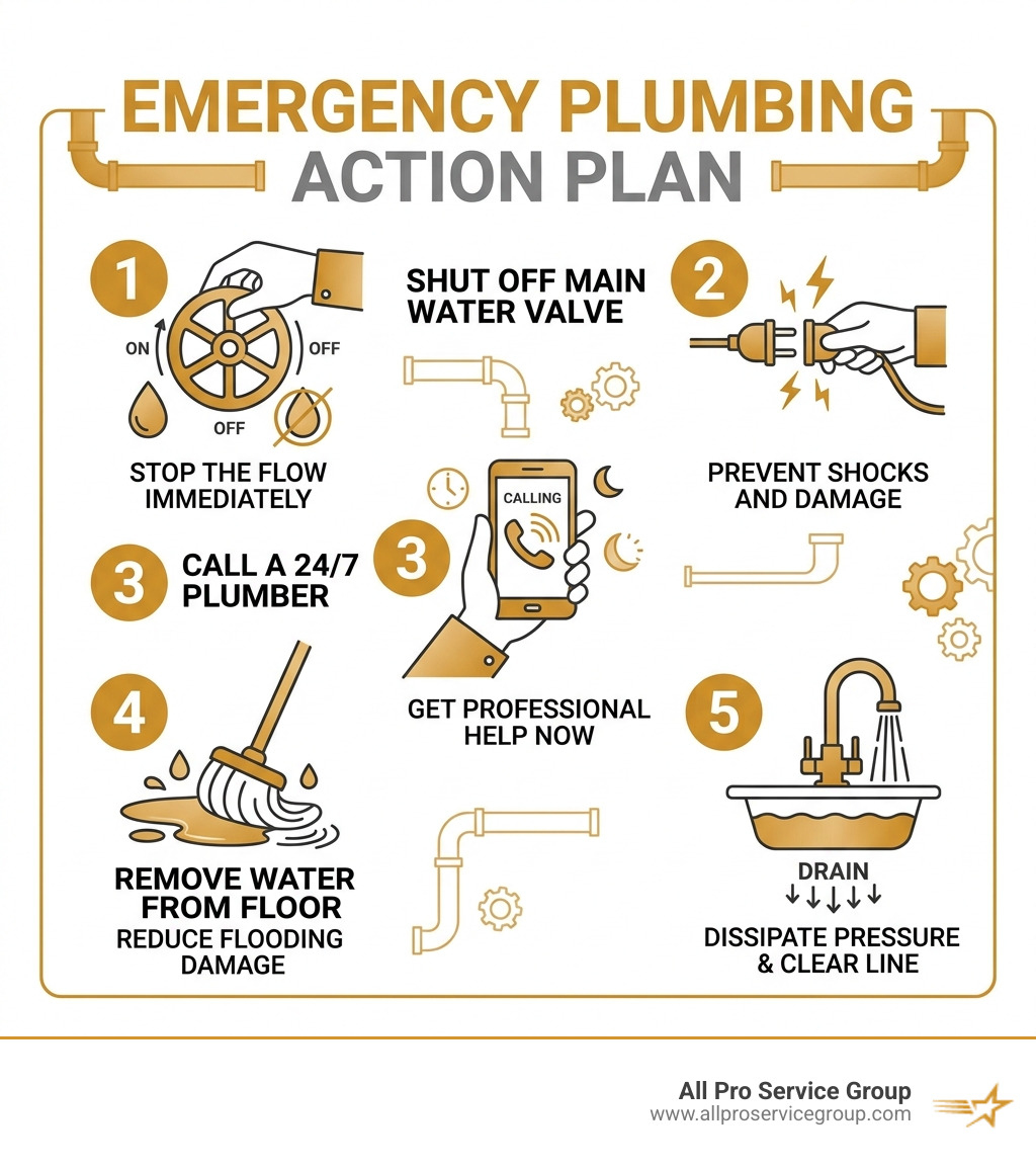 Infographic showing 5 immediate steps when facing a plumbing emergency: shut off water, call 24/7 plumber, move valuables Infographic showing 5 immediate steps when facing a plumbing emergency: shut off water, call 24/7 plumber, move valuables