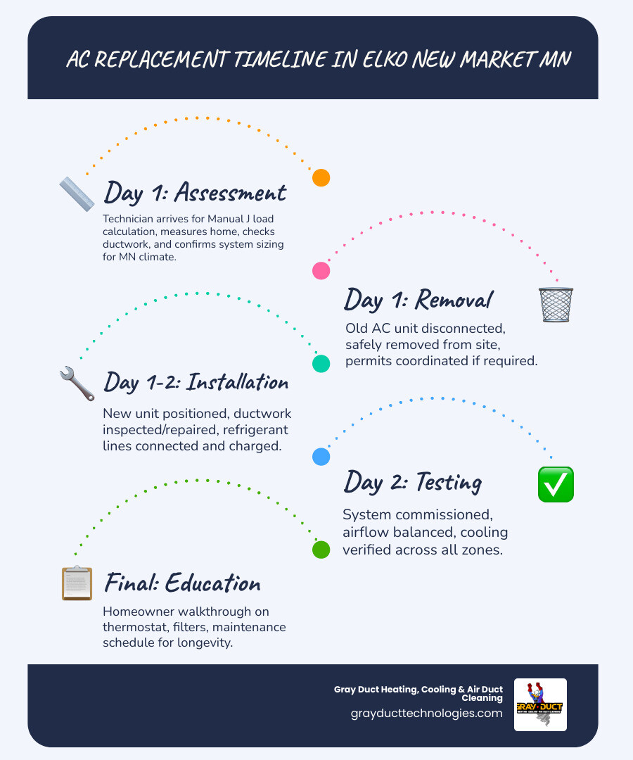 Step-by-step AC replacement timeline infographic for Elko New Market MN homeowners - ac replacement in elko new market mn