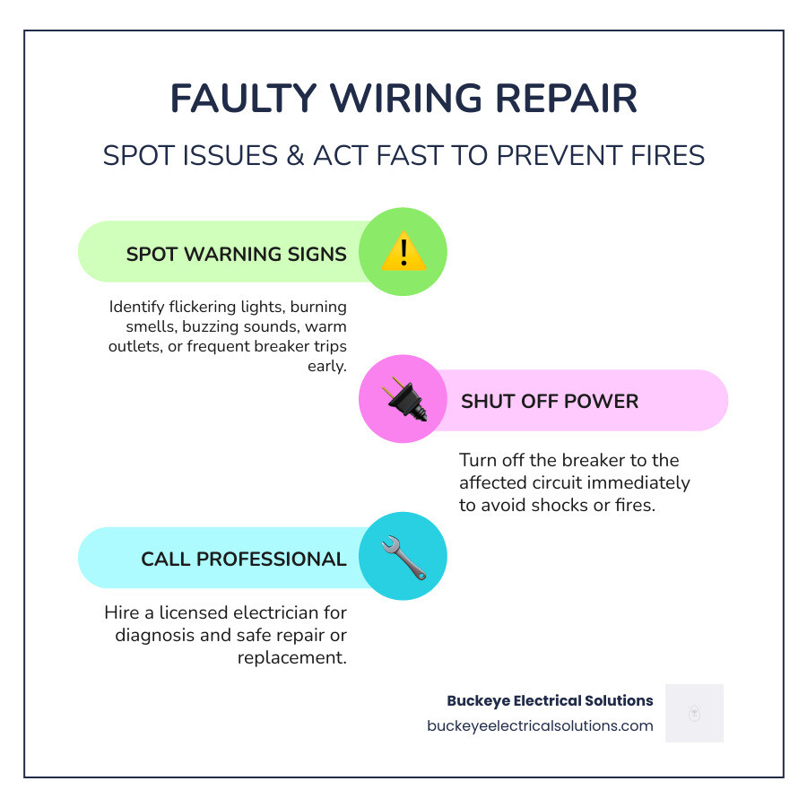 infographic showing 6 warning signs of faulty wiring and 5-step repair process for homeowners - Faulty wiring repair