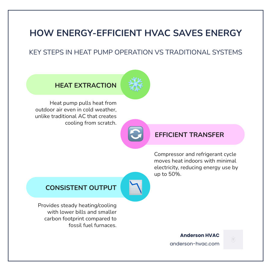 A diagram showing how an energy-efficient HVAC system (e.g., heat pump) reduces energy consumption compared to traditional A diagram showing how an energy-efficient HVAC system (e.g., heat pump) reduces energy consumption compared to traditional