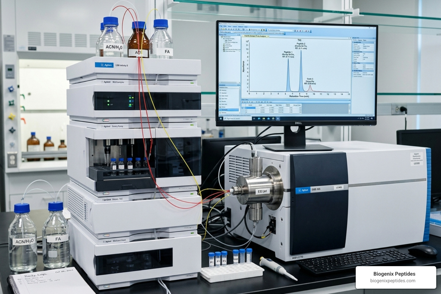 A graphic illustrating the HPLC/MS testing process - biogenix peptides