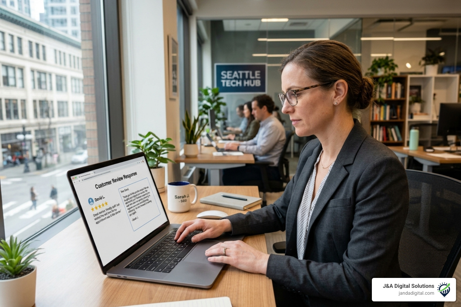 a business owner thoughtfully typing a response to an online review. - local rating techniques