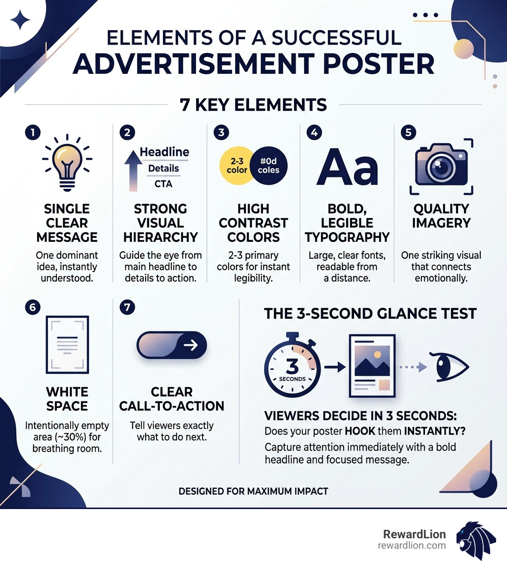Infographic showing the 7 elements of what makes a good advertisement poster and the 3-second glance test - what makes a