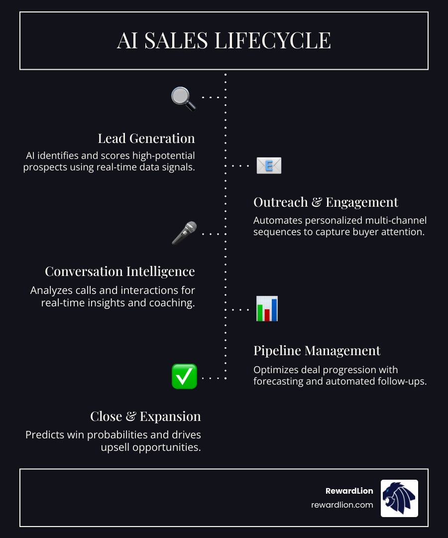 AI sales lifecycle infographic showing stages from lead generation to deal close and expansion - ai driven sales platform