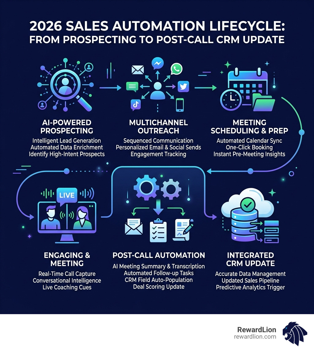 2026 sales automation lifecycle showing stages from prospecting to post-call CRM update - sales automation software saas