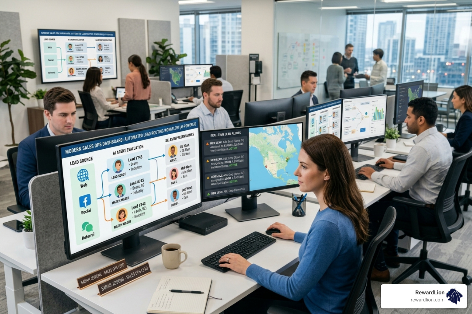 automated lead routing workflows showing AI agents distributing prospects to reps - sales automation software saas