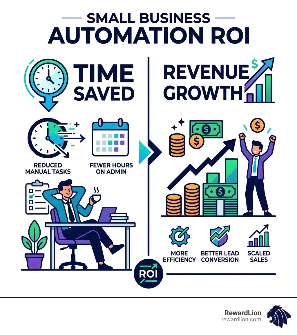 Small business automation ROI infographic: time saved vs revenue growth - small business automation software infographic 