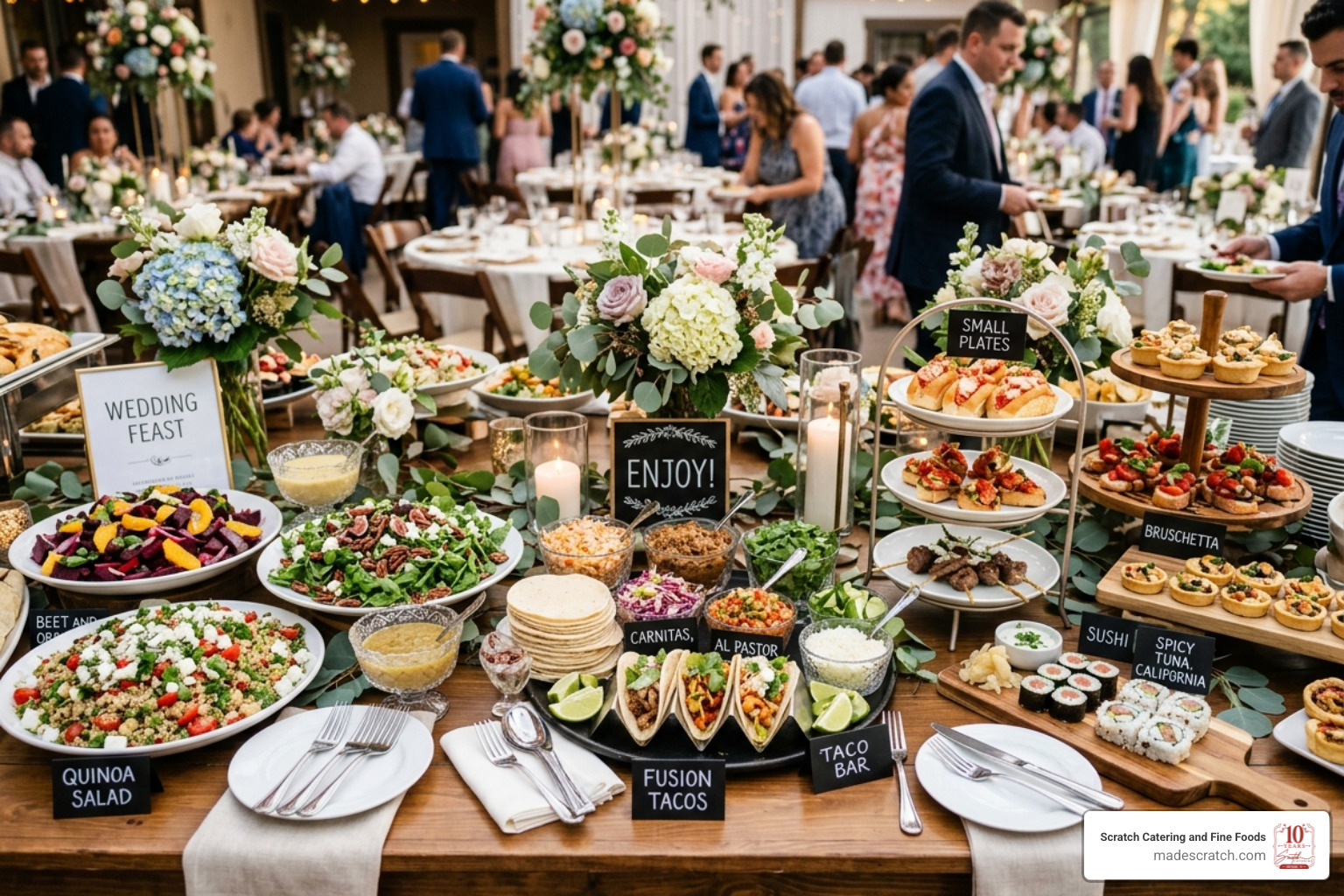 A beautifully arranged wedding spread featuring a diverse array of culturally inspired dishes, including vibrant salads