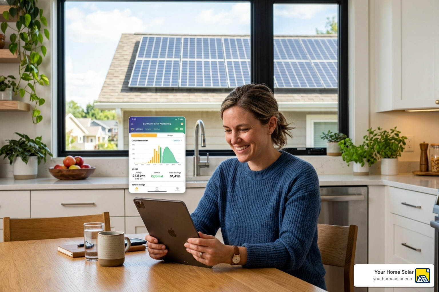 Homeowner using a solar monitoring app on a tablet to check system performance data - solar warranty Homeowner using a solar monitoring app on a tablet to check system performance data - solar warranty