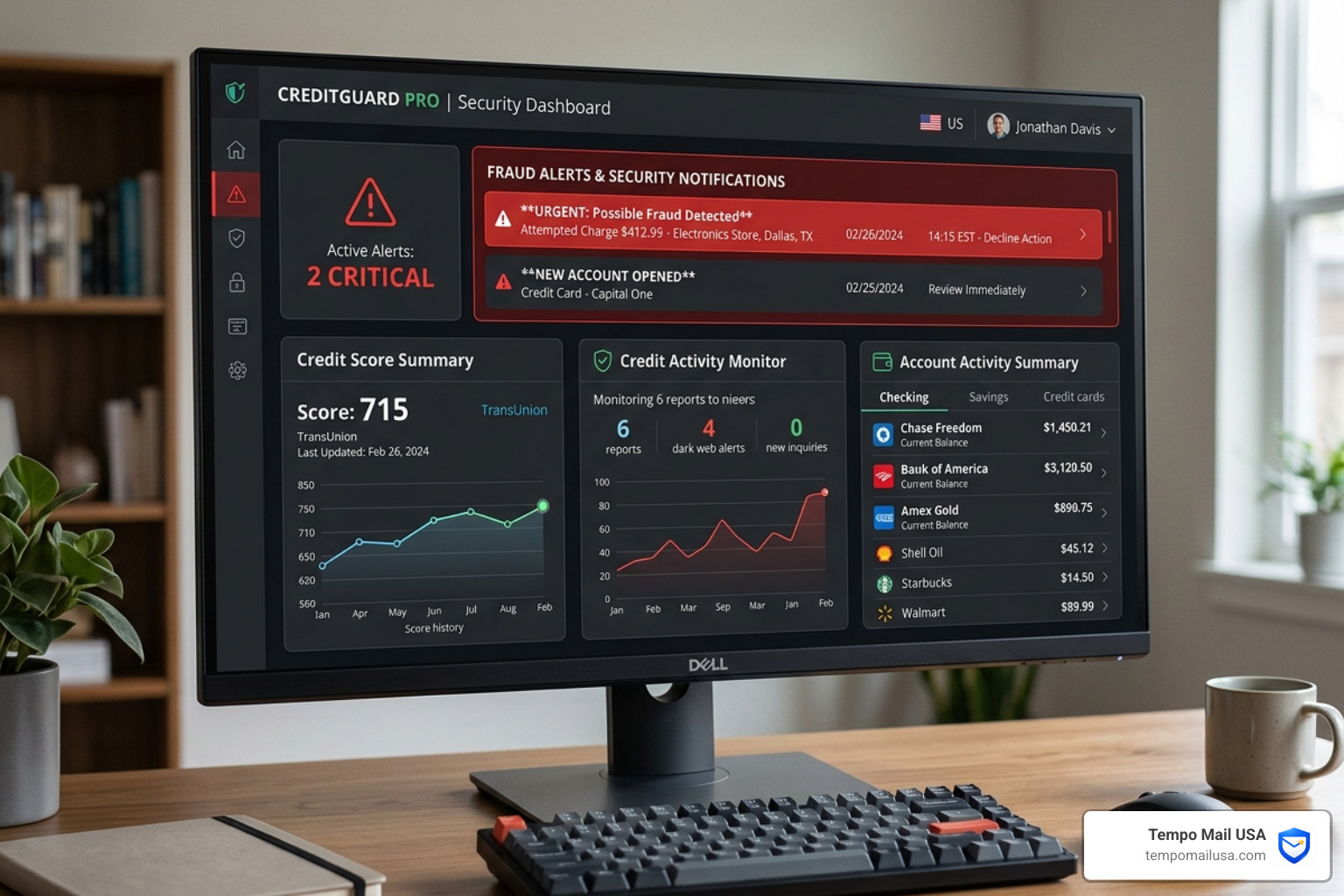 A credit monitoring dashboard showing fraud alerts - cash app scam A credit monitoring dashboard showing fraud alerts - cash app scam