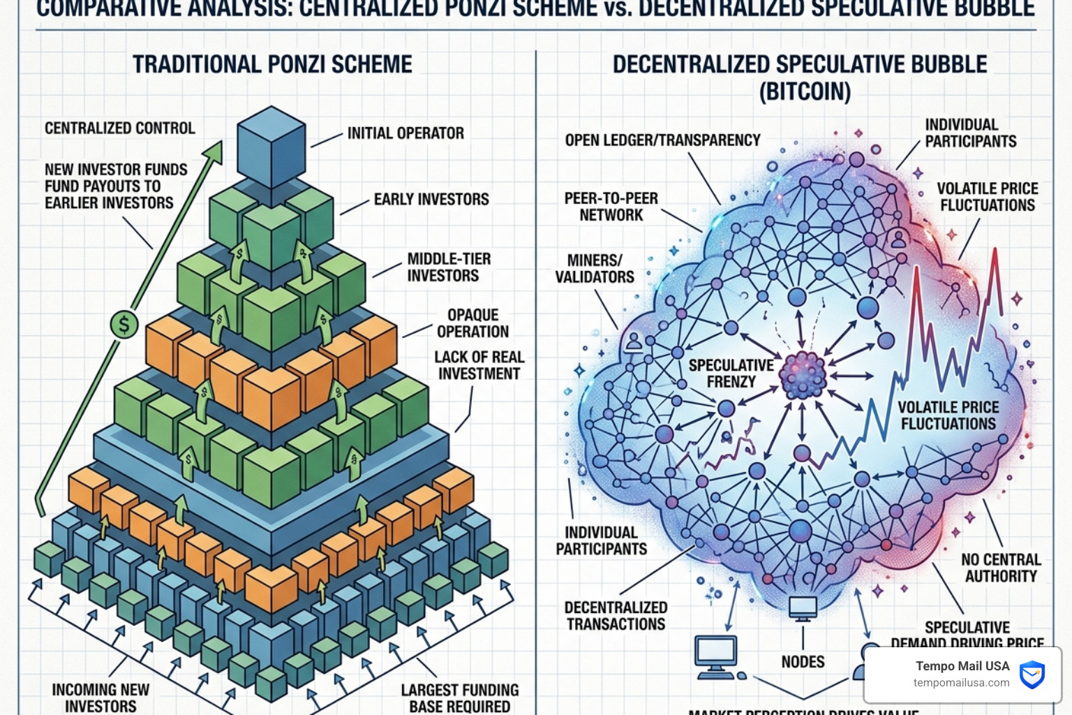 Diagram of a Ponzi scheme compared to a decentralized speculative bubble - is bitcoin a scam Diagram of a Ponzi scheme compared to a decentralized speculative bubble - is bitcoin a scam