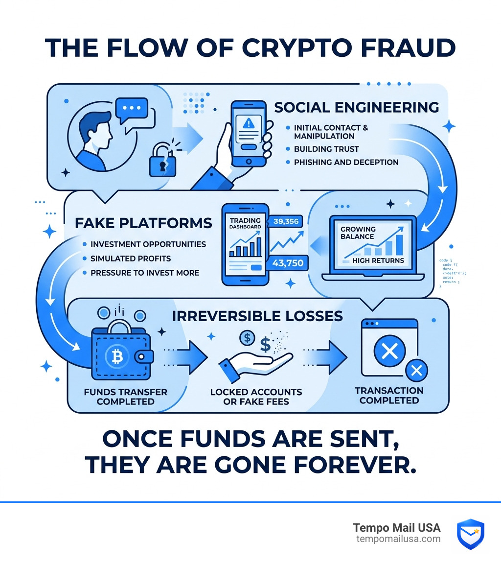 Infographic showing the flow of crypto fraud from social engineering to fake platforms to irreversible losses - is bitcoin a Infographic showing the flow of crypto fraud from social engineering to fake platforms to irreversible losses - is bitcoin a