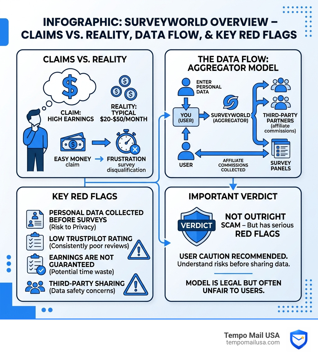 Infographic: SurveyWorld overview - claims vs. reality, data flow, and key red flags - survey world scam infographic Infographic: SurveyWorld overview - claims vs. reality, data flow, and key red flags - survey world scam infographic