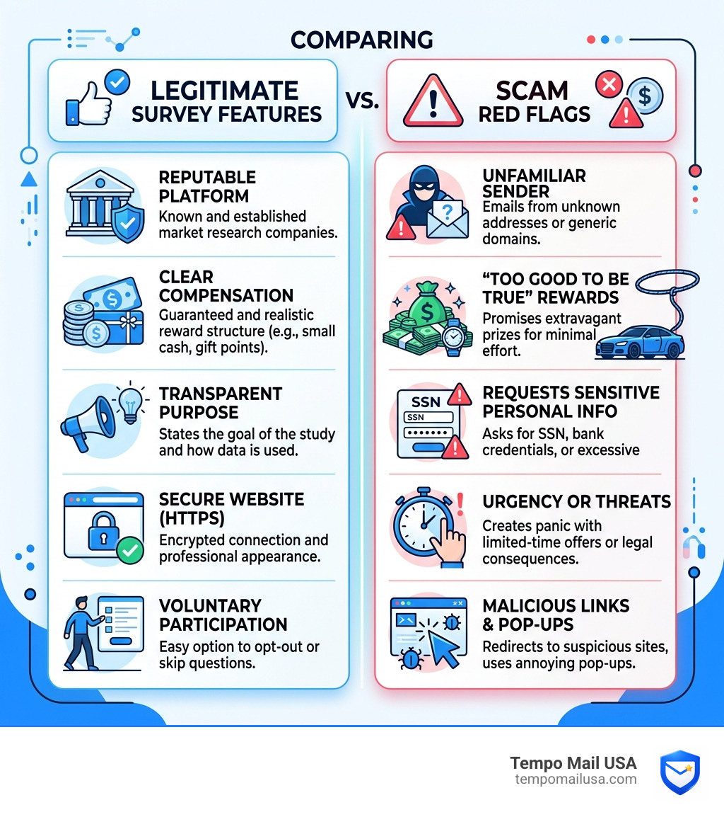 Comparison table: Legitimate survey features vs. scam red flags - survey world scam infographic Comparison table: Legitimate survey features vs. scam red flags - survey world scam infographic