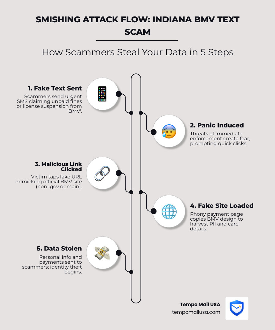 Smishing attack flow infographic showing fake BMV text to fake site to stolen payment info - indiana bmv text scam Smishing attack flow infographic showing fake BMV text to fake site to stolen payment info - indiana bmv text scam