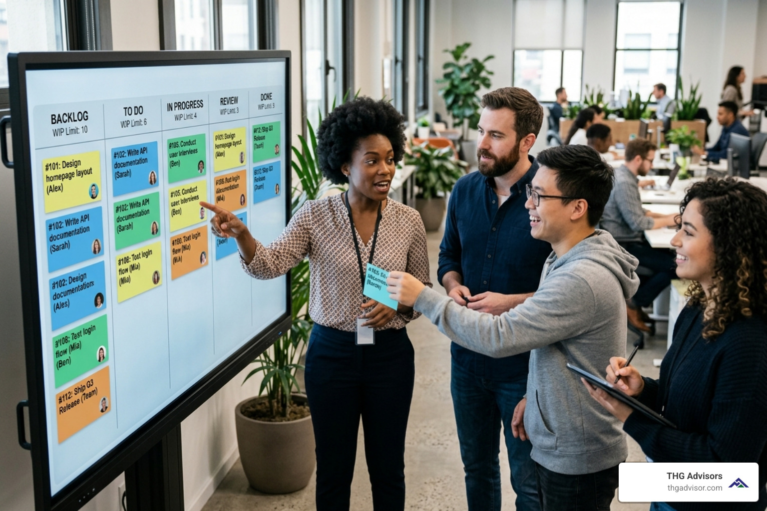 A digital Kanban board showing work-in-progress limits and team collaboration - continuous improvement project management