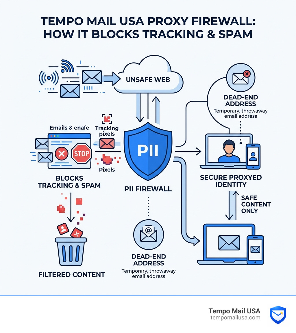Tempo Mail USA proxy firewall infographic showing how it blocks tracking and spam - indiana bmv text scam infographic Tempo Mail USA proxy firewall infographic showing how it blocks tracking and spam - indiana bmv text scam infographic