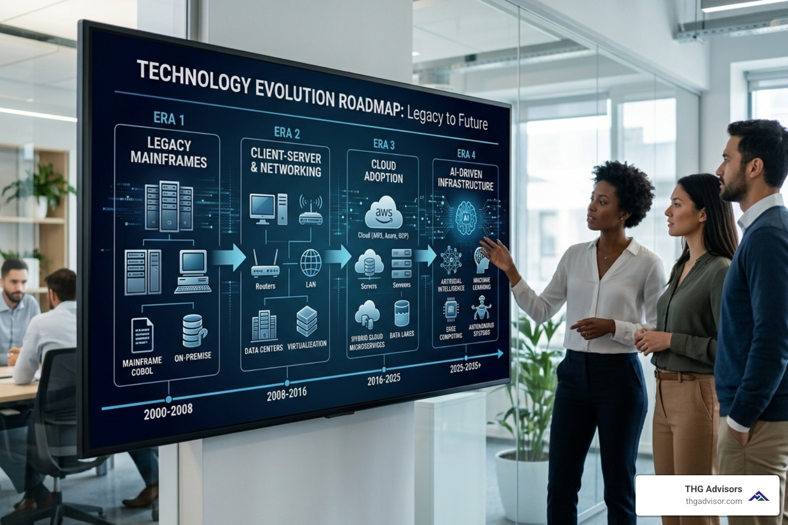 A technology roadmap showing the evolution from legacy systems to cloud and AI-driven infrastructure - chief information