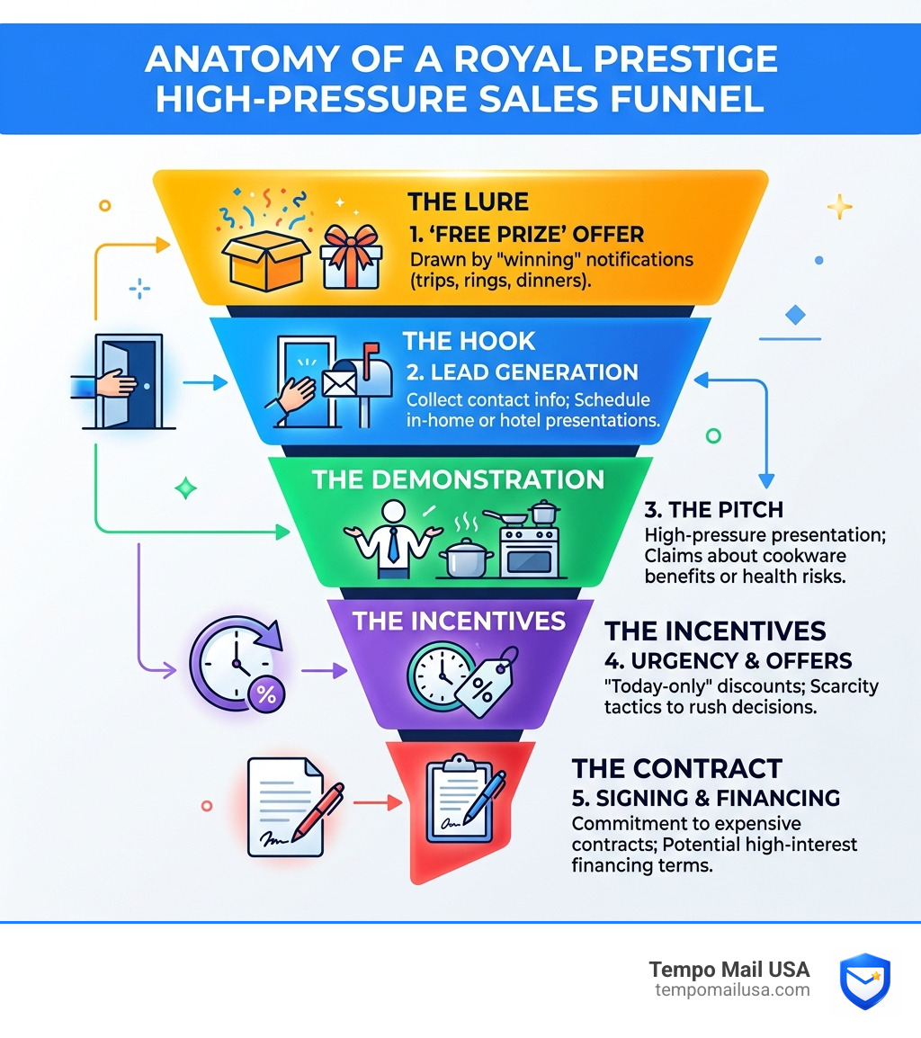Anatomy of a Royal Prestige high-pressure sales funnel from prize lure to contract signing - royal prestige scam infographic 