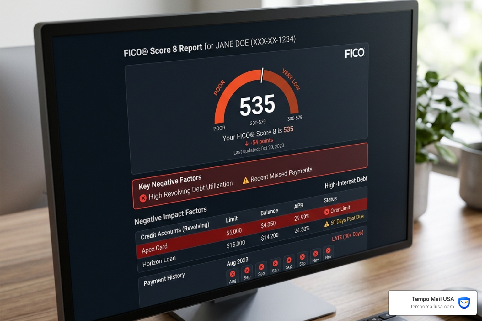 Credit score report showing impact of high-interest debt - royal prestige scam