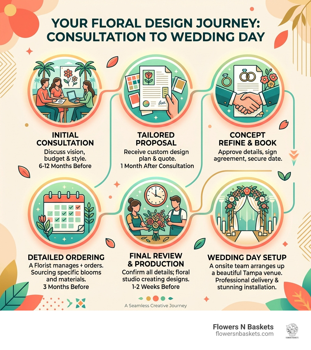 Floral design timeline infographic from initial consultation to wedding day setup - floral consultations tampa infographic