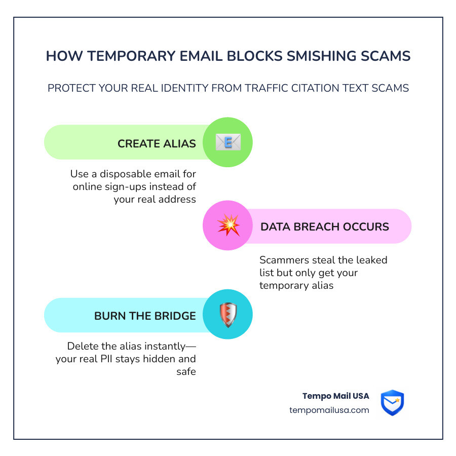 Infographic showing how temporary email aliases block data breaches - traffic citation text scam infographic Infographic showing how temporary email aliases block data breaches - traffic citation text scam infographic
