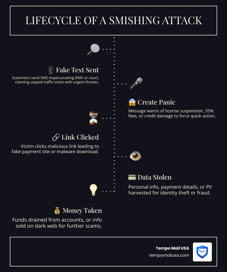 Lifecycle of a smishing attack from fake text to stolen data infographic - traffic citation text scam infographic Lifecycle of a smishing attack from fake text to stolen data infographic - traffic citation text scam infographic
