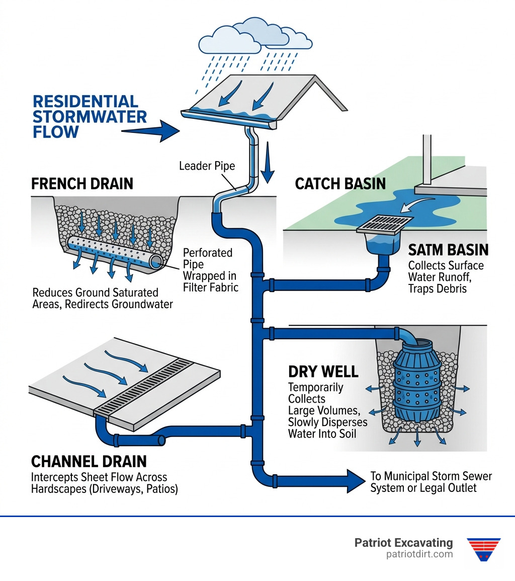 Infographic showing how residential stormwater flows from roof to yard to drain system types including French drain, catch Infographic showing how residential stormwater flows from roof to yard to drain system types including French drain, catch