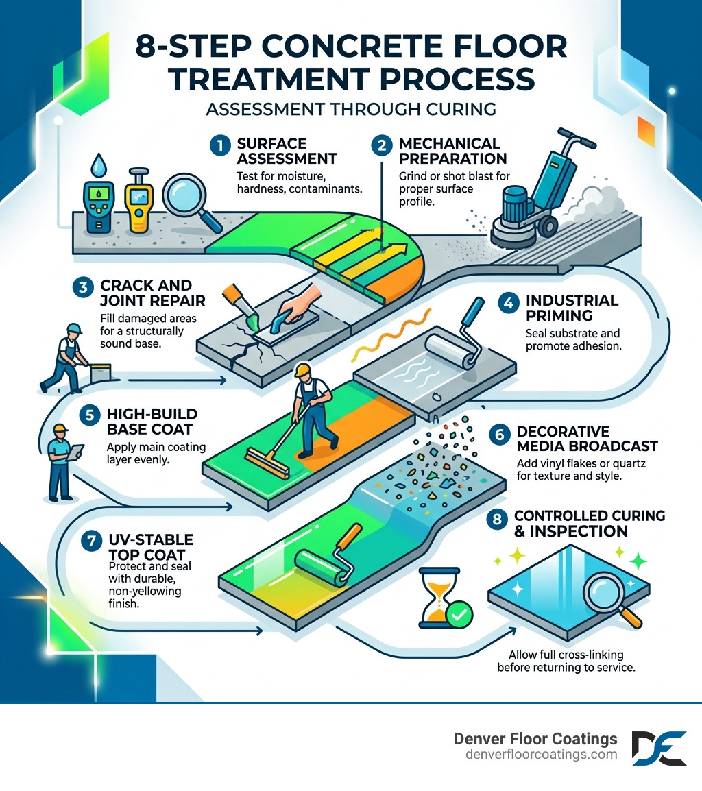 8-step concrete floor treatment process infographic showing assessment through curing - concrete floor treatment infographic 8-step concrete floor treatment process infographic showing assessment through curing - concrete floor treatment infographic