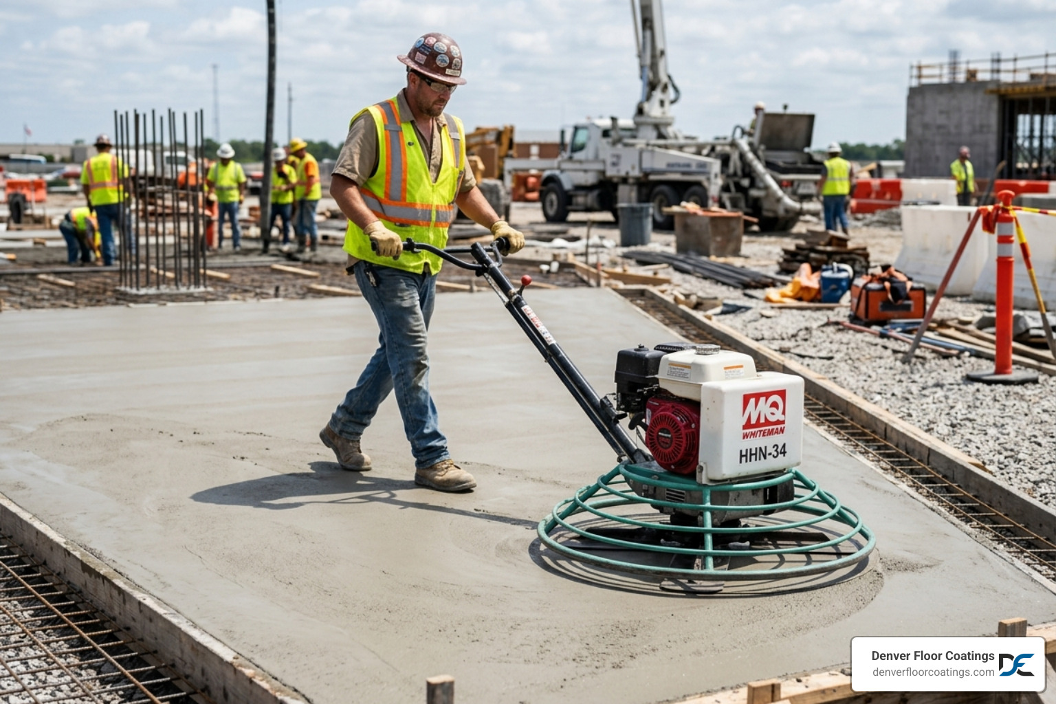 Power trowel finishing a concrete slab to a specific profile for coating - concrete moisture mitigation Power trowel finishing a concrete slab to a specific profile for coating - concrete moisture mitigation