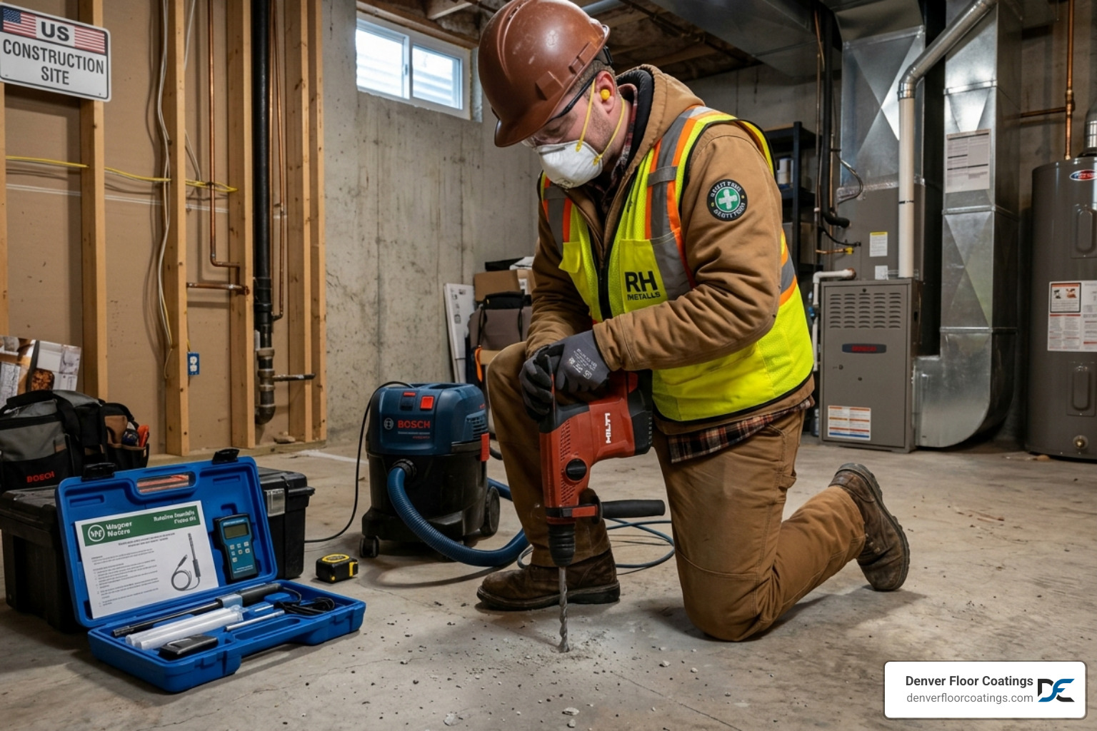 Technician installing an in-situ relative humidity probe into a concrete slab - concrete moisture mitigation Technician installing an in-situ relative humidity probe into a concrete slab - concrete moisture mitigation