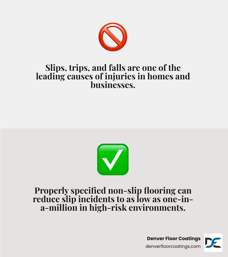 Types of non-slip flooring, slip ratings, and best use cases by environment - non slip flooring infographic