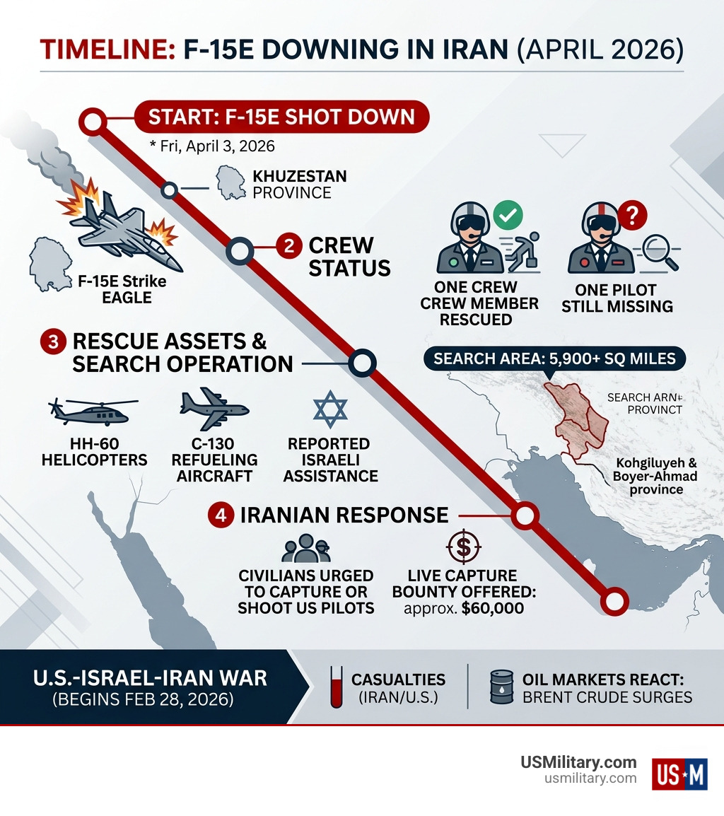 Timeline infographic of F-15E downing, crew status, rescue assets, and Iranian response - Intense Search For Missing F-15 Timeline infographic of F-15E downing, crew status, rescue assets, and Iranian response - Intense Search For Missing F-15