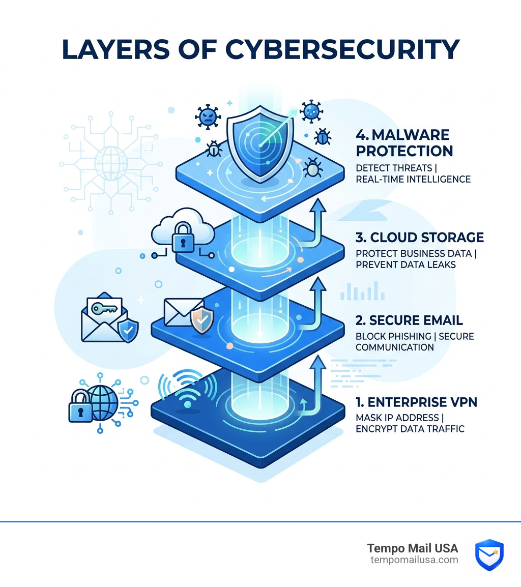Infographic showing the layers of cybersecurity: VPN, Secure Email, Cloud Storage, and Malware Protection - the royal scam