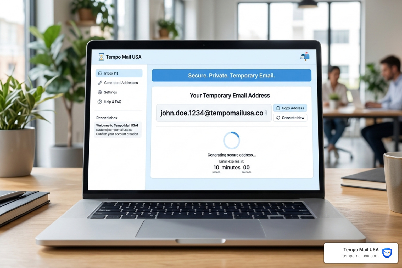 The user interface of Tempo Mail USA showing a temporary email address being generated - the royal scam