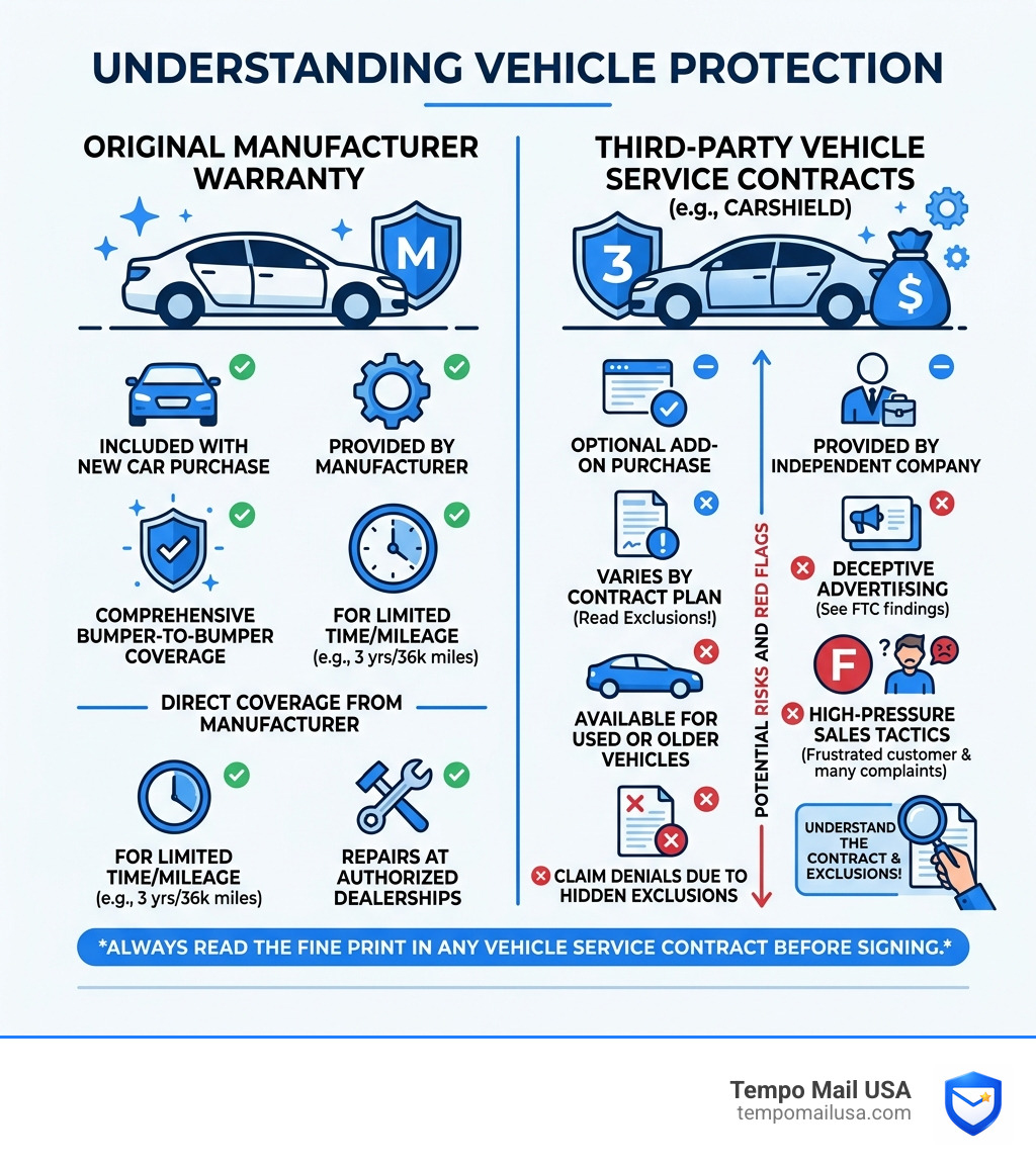 CarShield vs manufacturer warranty third-party service contract differences infographic - is carshield a scam infographic CarShield vs manufacturer warranty third-party service contract differences infographic - is carshield a scam infographic