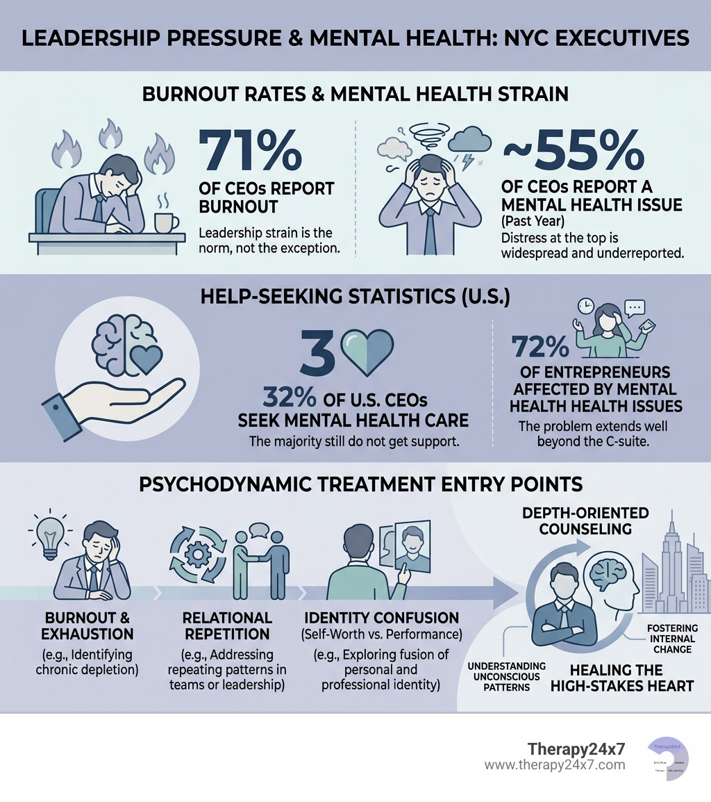 Infographic: leadership pressure and mental health outcomes in NYC executives. burnout rates, help-seeking statistics, and Infographic: leadership pressure and mental health outcomes in NYC executives. burnout rates, help-seeking statistics, and