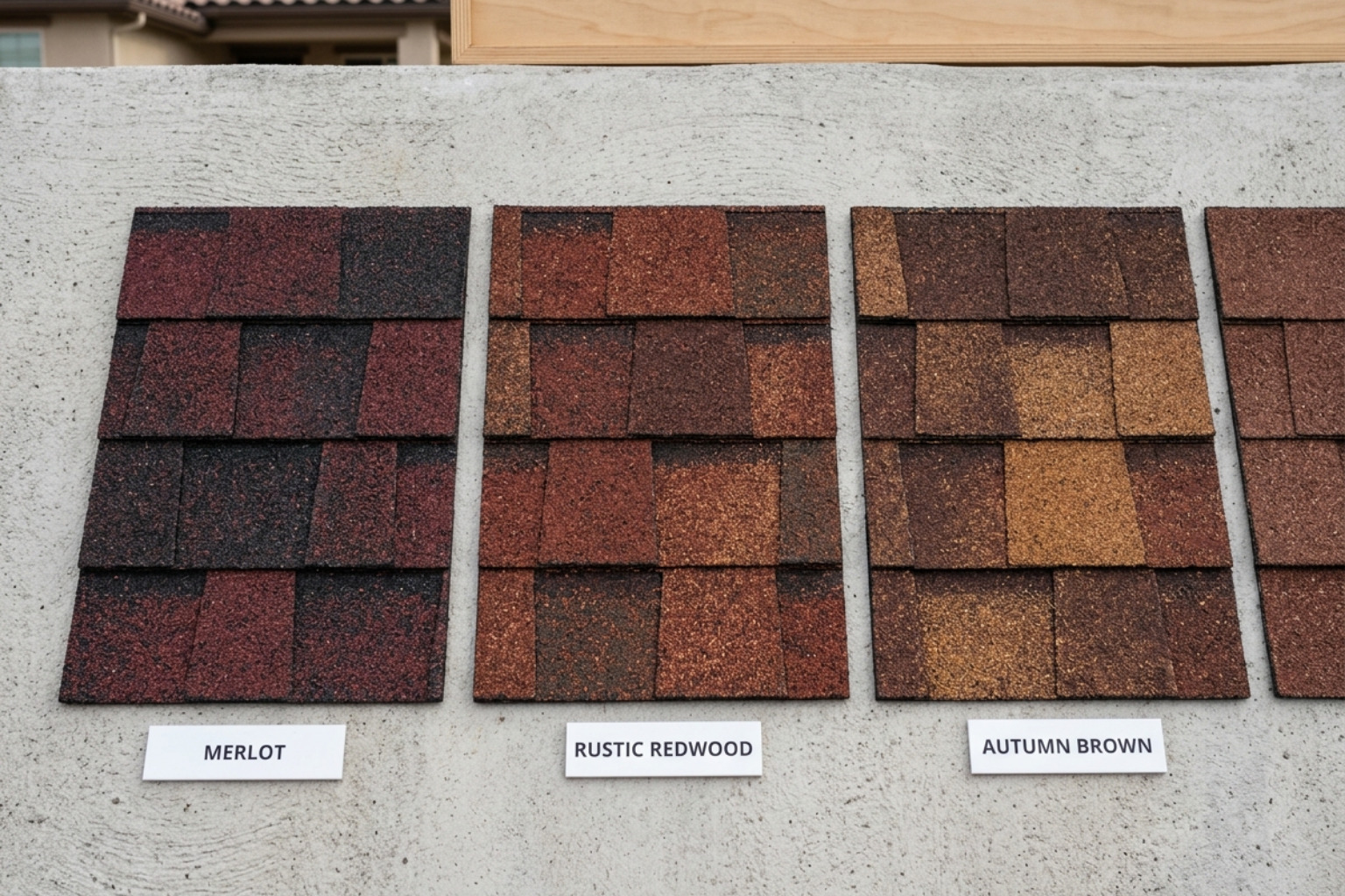 Swatches of various red and brown shingle colors from Merlot to Autumn Brown - brownish red roof shingles Swatches of various red and brown shingle colors from Merlot to Autumn Brown - brownish red roof shingles