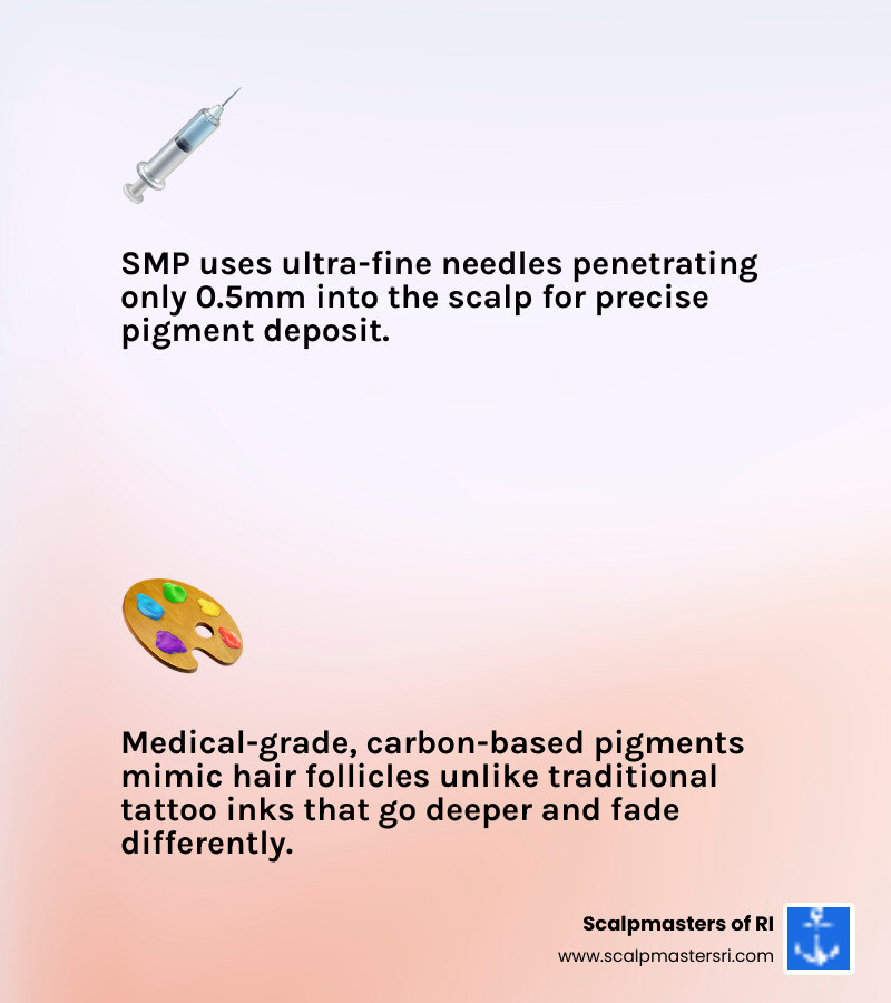 Infographic comparing SMP to traditional tattoos: needle depth, pigment type, appearance, and longevity - scalp pigmentation