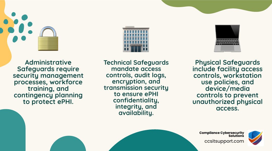 Three pillars of HIPAA safeguards: Administrative, Physical, and Technical with key controls listed - hipaa compliant Three pillars of HIPAA safeguards: Administrative, Physical, and Technical with key controls listed - hipaa compliant